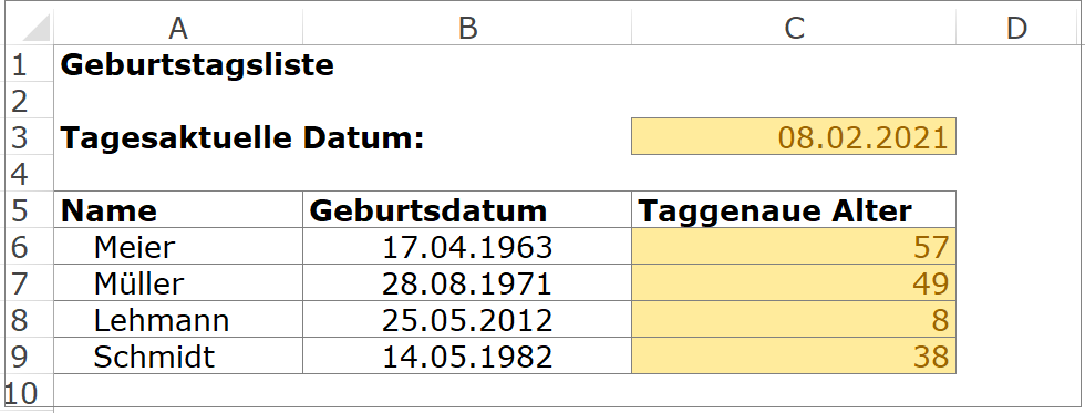 MS Excel Alter taggenau berechnen Beispiel Lösung