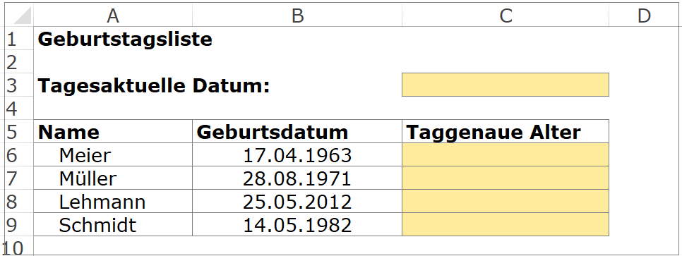 MS Excel Alter taggenau berechnen Beispiel Vorlage