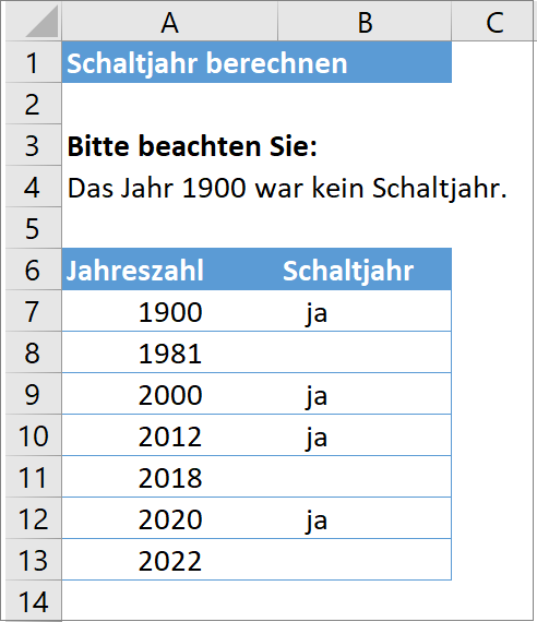 MS Excel Lösung Beispiel 1 Schaltjahr berechnen