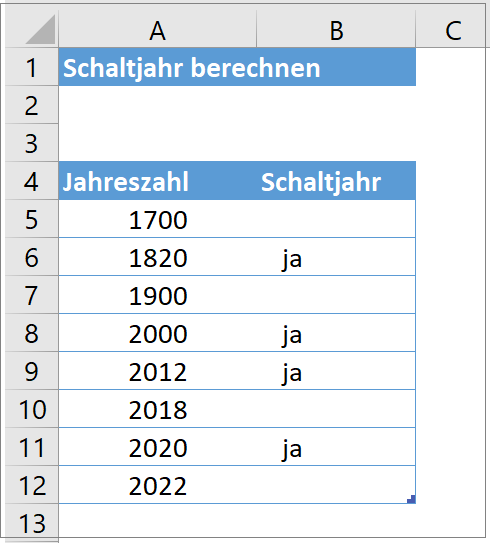 MS Excel Lösung Beispiel 2 Schaltjahr berechnen