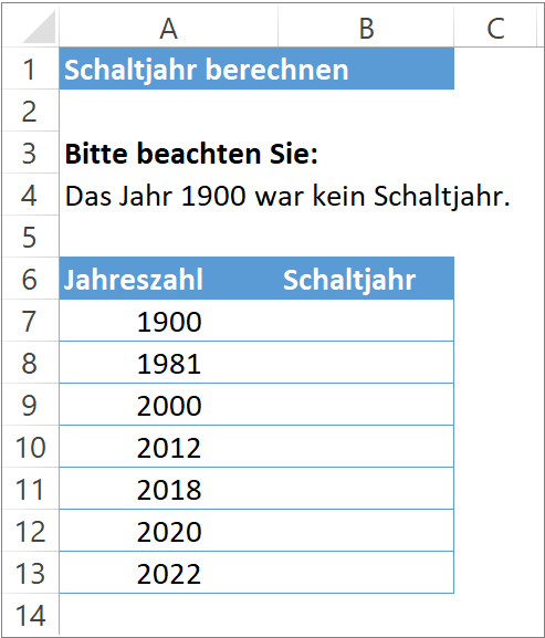 MS Excel Vorlage Beispiel 1 Schaltjahr berechnen