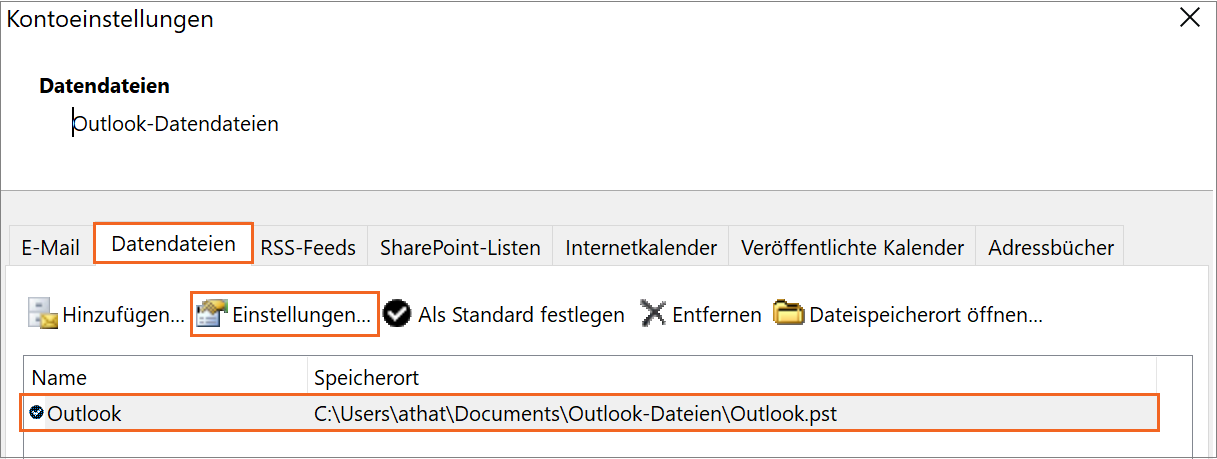 MS Outlook Register Datendateien