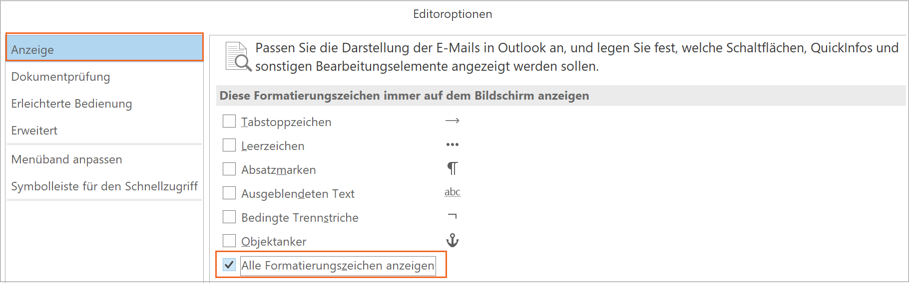 MS Outlook - Formatierungszeichen anzeigen